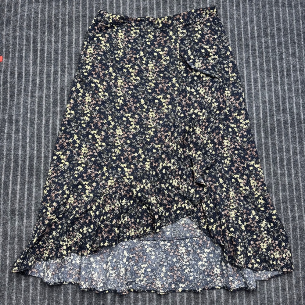 Toad&Co Womens Manzana Ruffle Maxi Skirt L Navy Floral Organic Cotton High Low